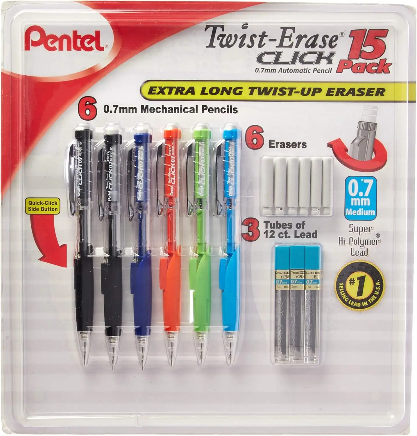 

Twist-Erase Click Mechanical Pencils 0.7mm HB #2, Assorted Colors, 6 Pencils with Erasers & Lead Refills for School and Drawing