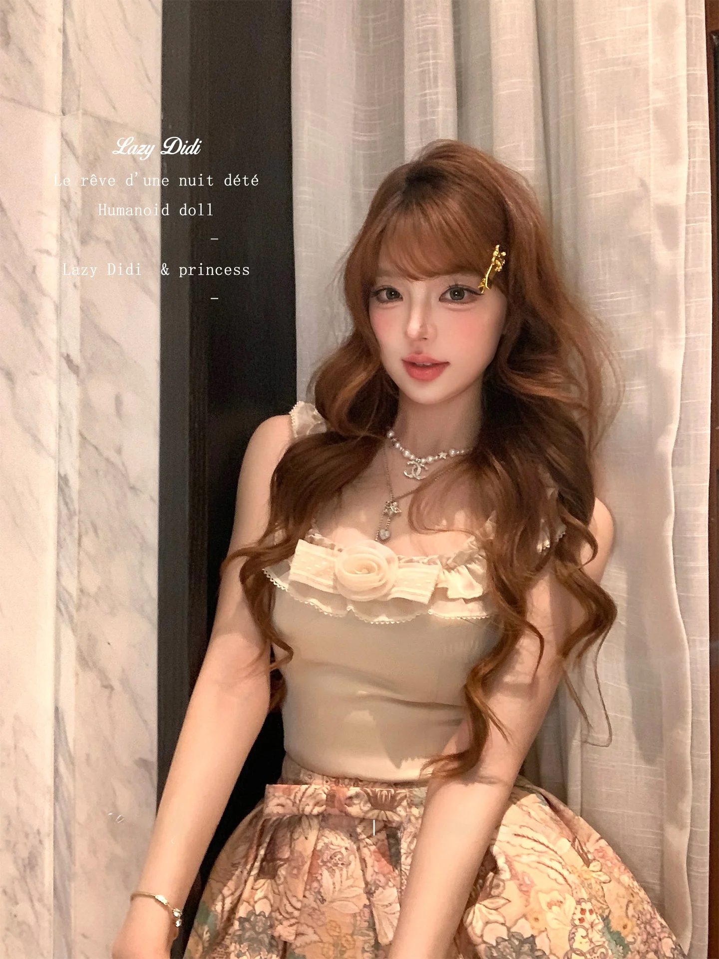 

Lazy Didi Floral Print Ruffle Collar Top with Knot ort Skirt Set Vintage Strap Flower Bud Skirt Women's Faion E...