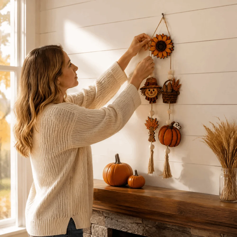 Pumpkin Fall Harvest Wooden Wall Hanging 2D Flat Print Rustic Style Thanksgiving Door Hanger Long Chain Corn Basket