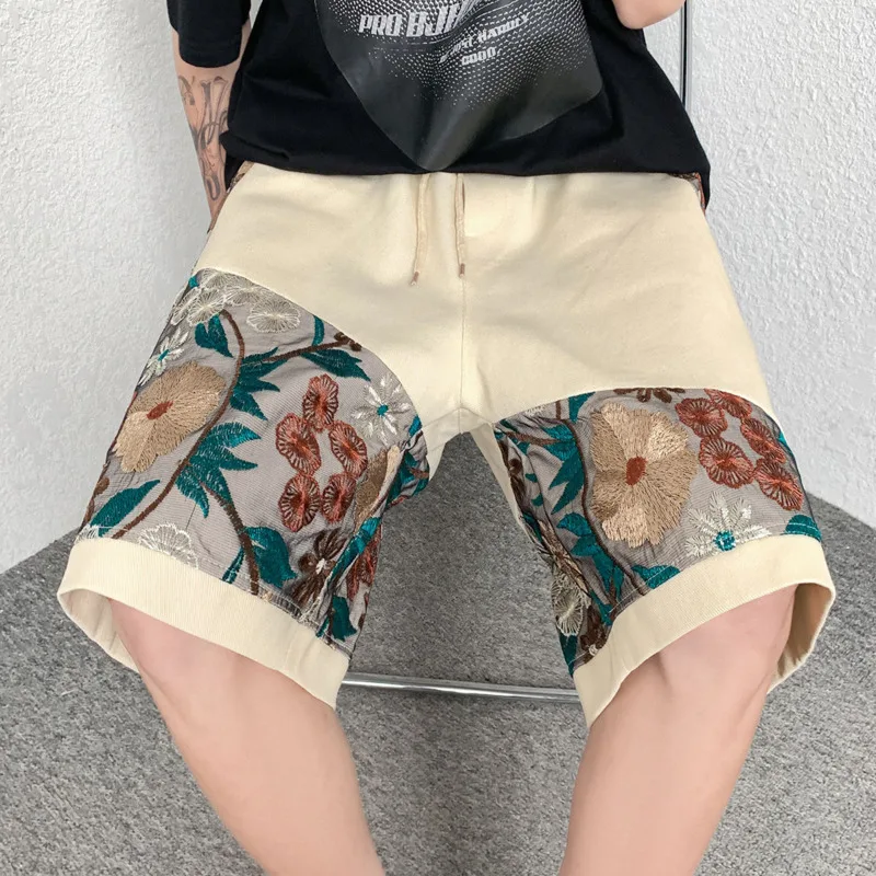 Shorts masculinos bordados de verão, shorts florais casuais, streetwear japonês, shorts retos de hip-hop soltos, plus size, moda masculina