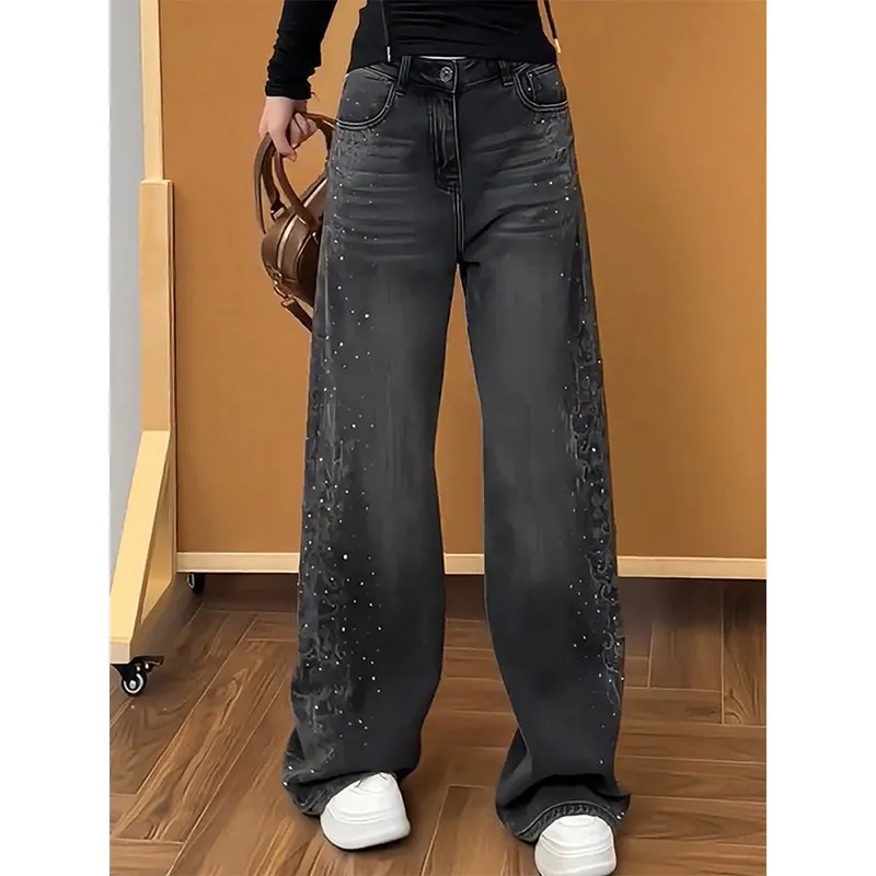 

Spring 2026 High Waist iny Diamond Embellied Straight Leg Wide Leg Jeans Loose Versatile Slimming Long Pants for Women