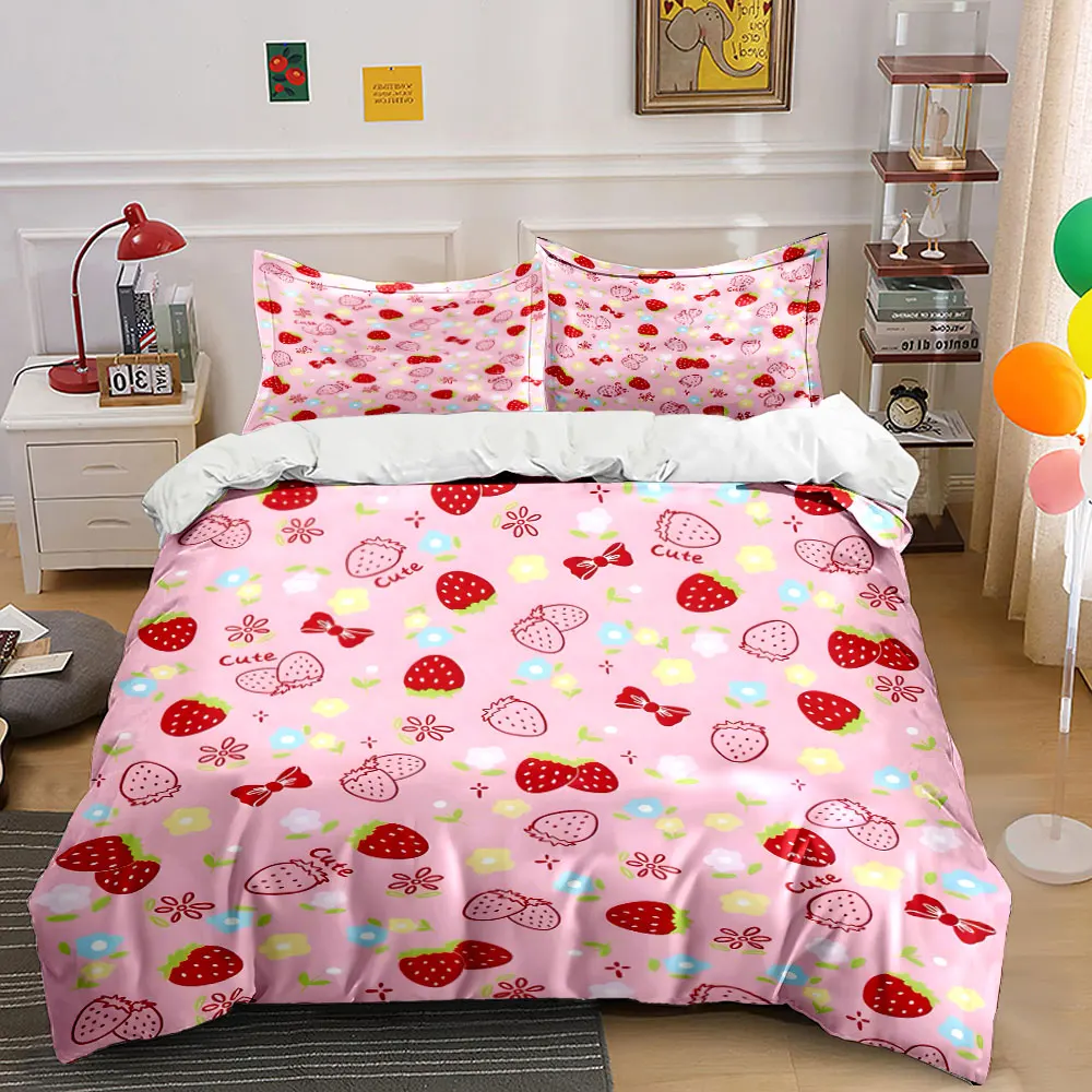 Strawberry Flowers Bow Pink Background Pattern Duvet Cover Set Digital Print Colorful Polyester Bedding with Zipper Closur