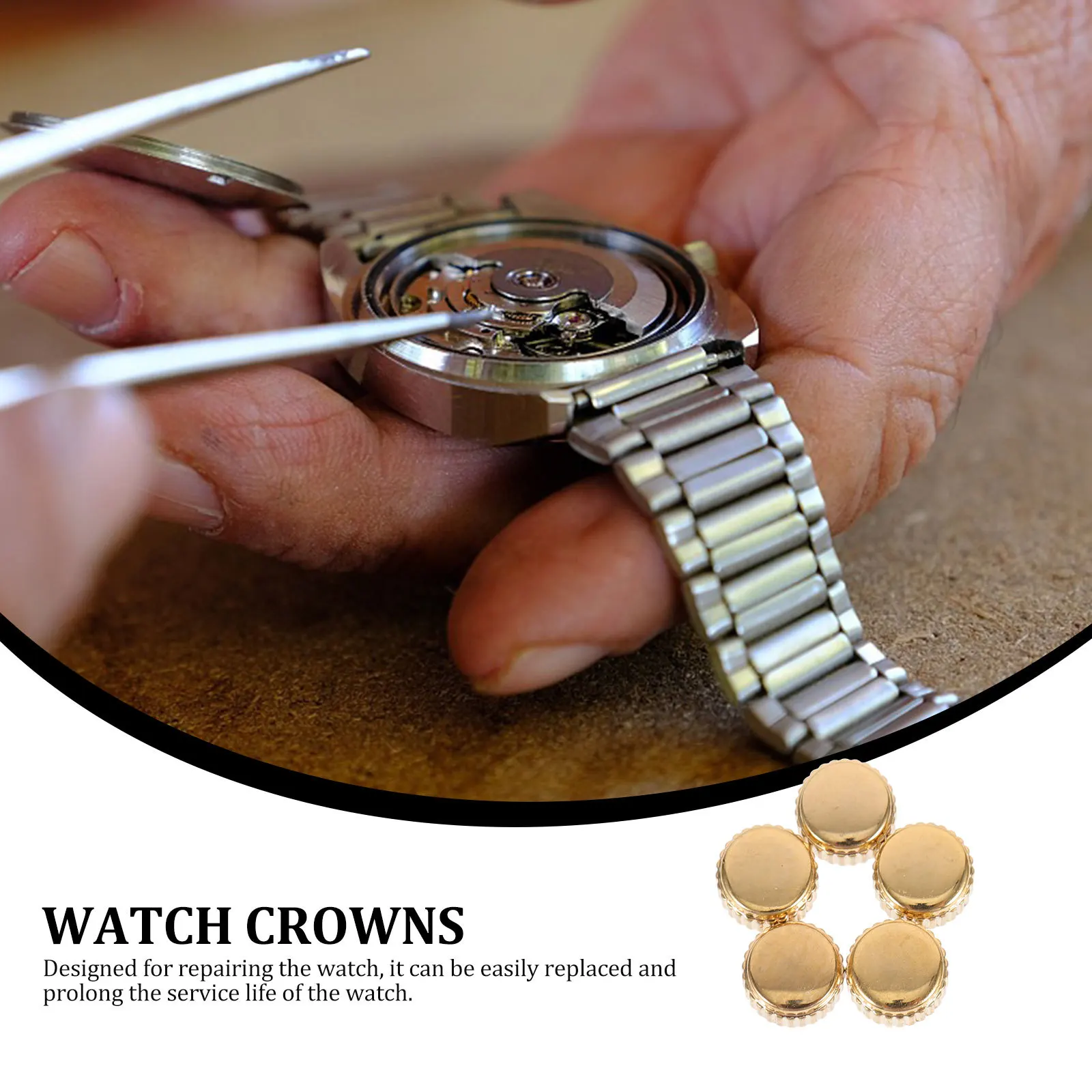 

5Pcs Steel Watch Crowns Replaceable Wear Resistant Parts for Watch Repair Crowns Tool Portable Maintenance Supplies Golden