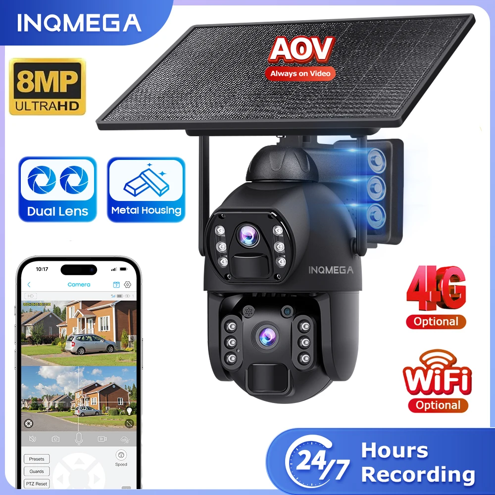 INQMEGA 8MP 4G SIMSolar Camera AOV Outdoor Dual Lens 360° View 10W Solar Panel Security PTZ IP Camera 20100mAh Battery CCTV CAM