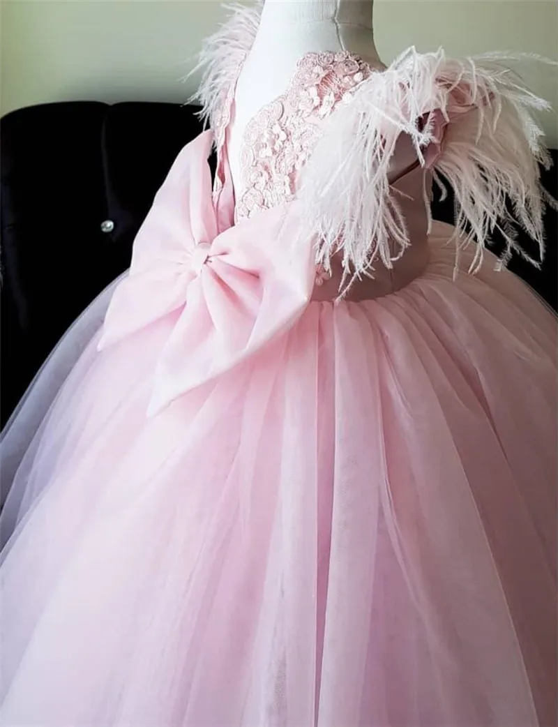 Robes de demoiselle d'honneur en plumes roses pour mariage, avec veste, ceinture perlée, robe de concours de première Communion