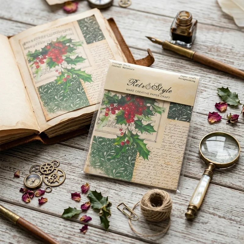 Retro Winter Holiday Musical Script Botanical Pattern Junk Journal Paper DIY Decoupage Scrapbooking Cardmaking Album Collage