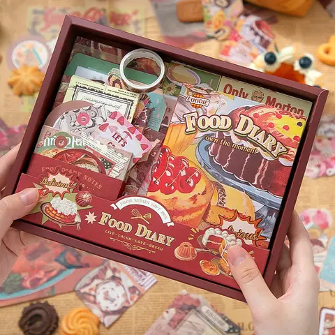 Food Diary Handbook Gift Box Scrapbook Set 154 Pieces Includes A6 Notebook Stickers Notes Etc Handmade DIY Gifts for Students