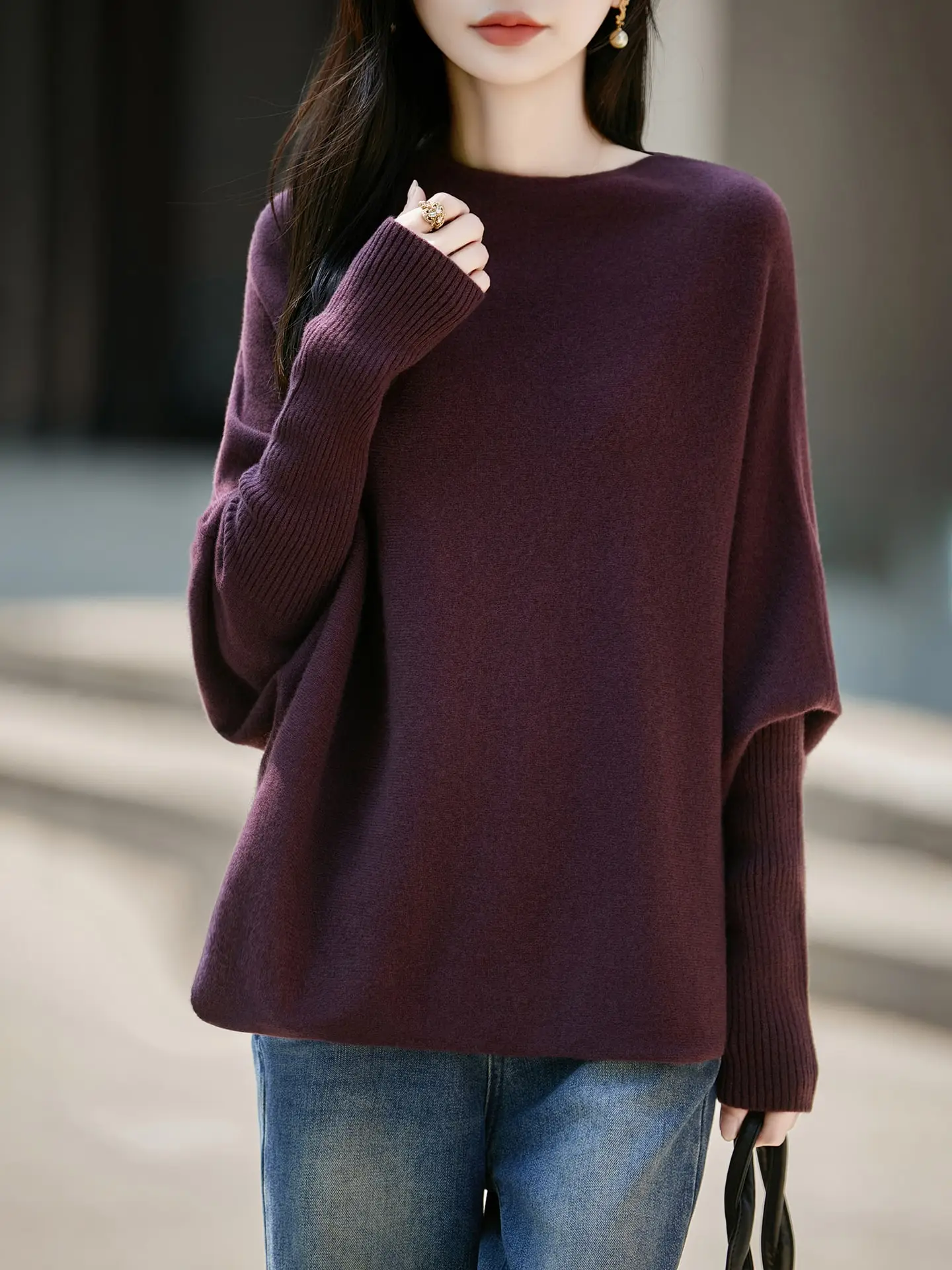 Women's 100% Merino Wool Sweater Boat Neck Batwing Sleeve Knit Pullover Loose Solid Soft Casual Top for Autumn Winter Tick Warm