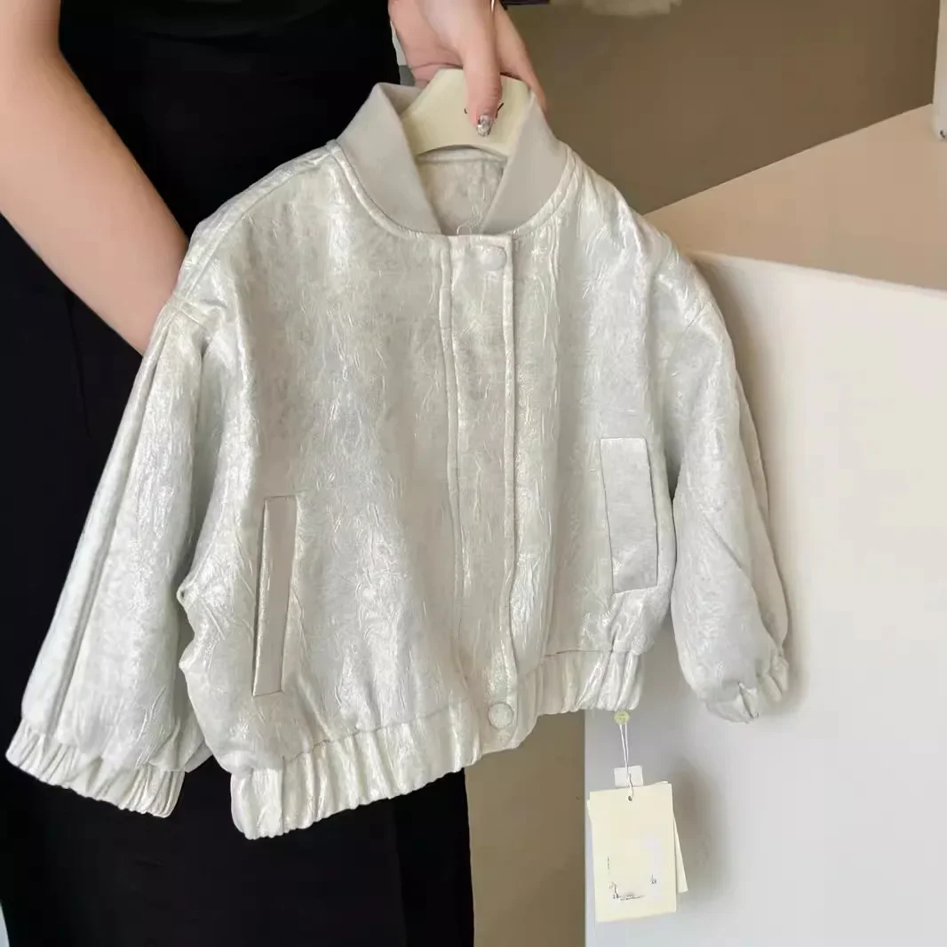 

Girl Jacket Autumn New 2024 Trend Bright Silver Loose Coat Casual Simple Fashion Sweet Korean Active Vintage Cute Soft Comfort