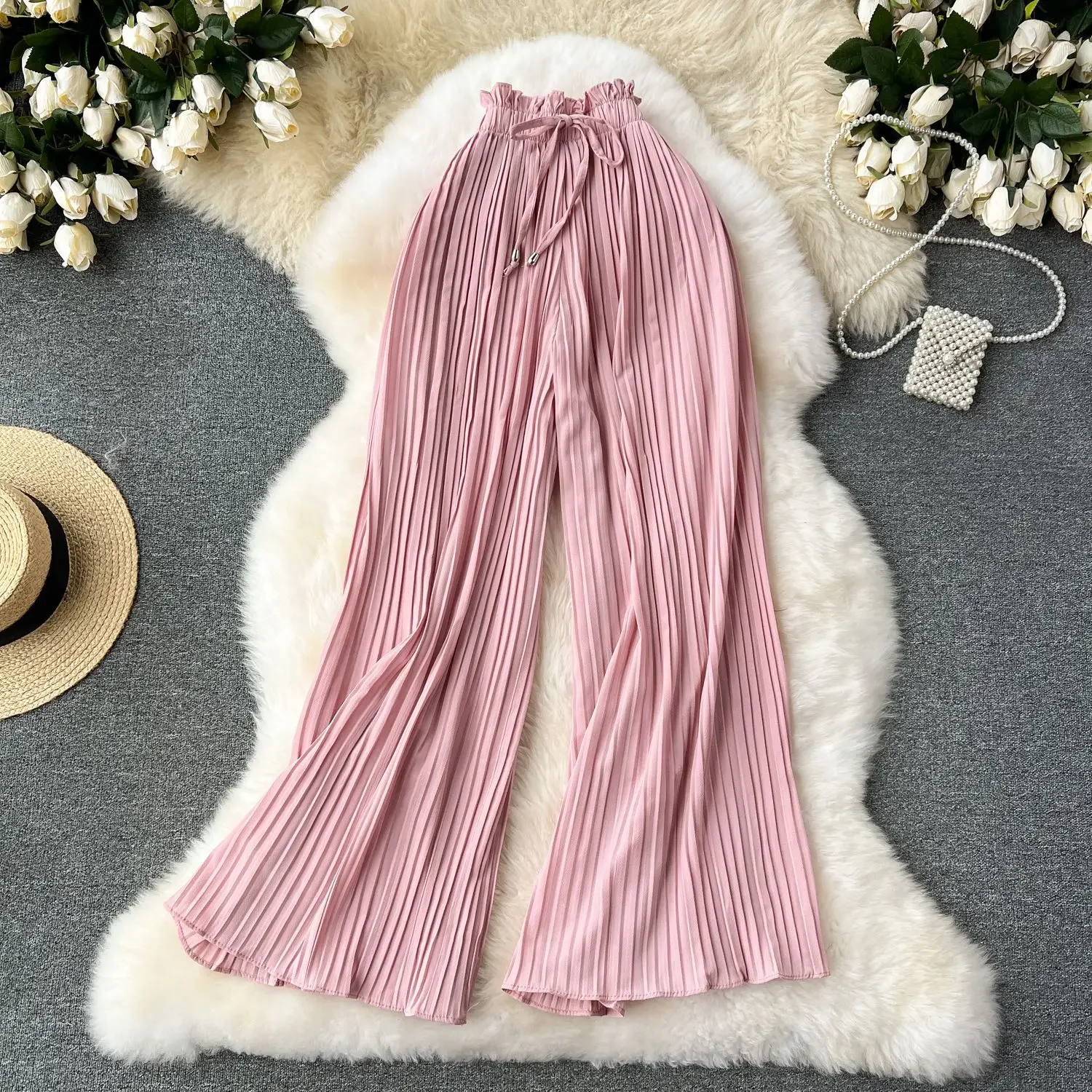 Women Long Pants Wide Leg Pant Solid Loose Casual Lace Up Tight High Waist Capris Regular Pleated Trousers Summer 2025