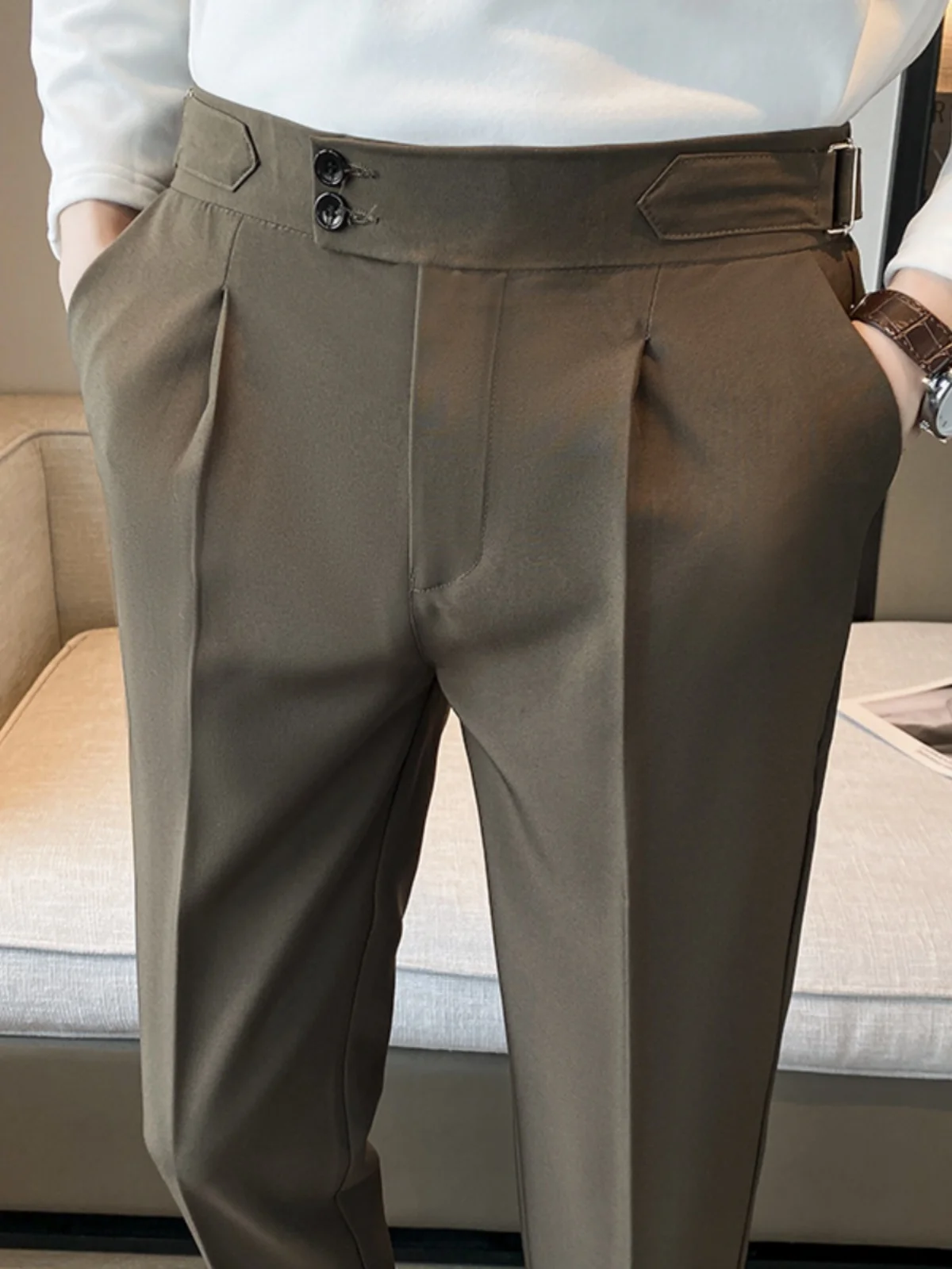 

Casual High Waist Thin Men's West Pants Neapolitan Sle Lengthening Effect Spring Summer Straight Leg Long Trousers