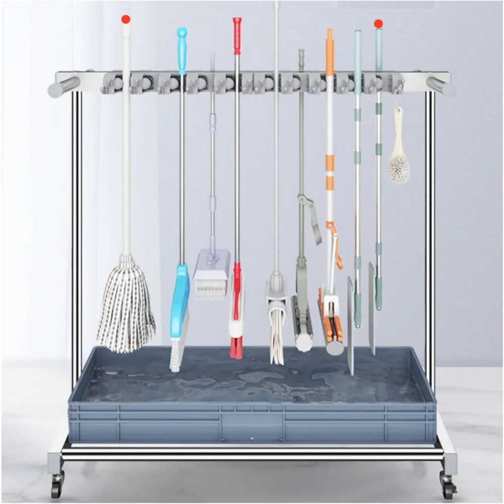 مكنسة وممسحة محمولة، منظم مستلزمات التنظيف، عربة التدبير المنزلي بعجلات عالمية ورف تصريف الممسحة #3