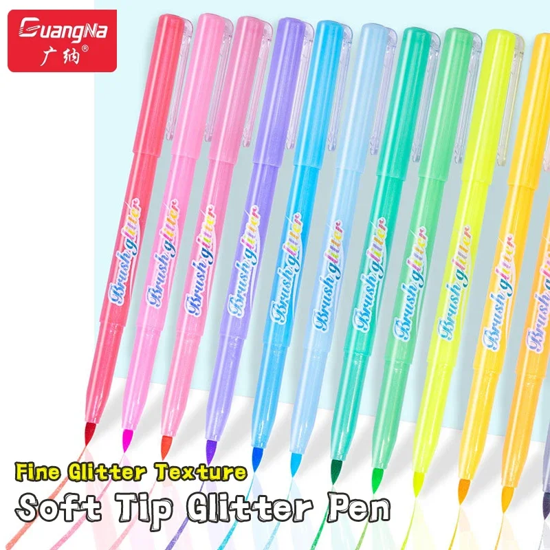 Imagem -02 - Guangna-glitter Highlighter Pen com Pincel Marcadores Finos Pintura Maker Artigos de Papelaria Ferramentas de Escrita Flash 12 Pcs