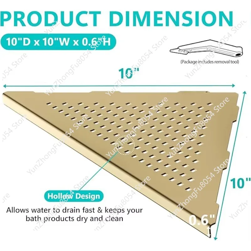 No Drilled Brushed Gold Wall Insert Bathroom Shelf Corner Stainless Steel Shower Shelf