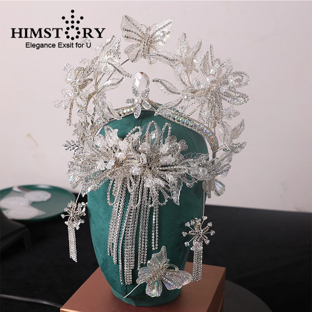 White Chinese Classical Style Crystal Phoenix Hair Crown Retro Tassel Butterfly Style Wedding Stage Show Hairwear