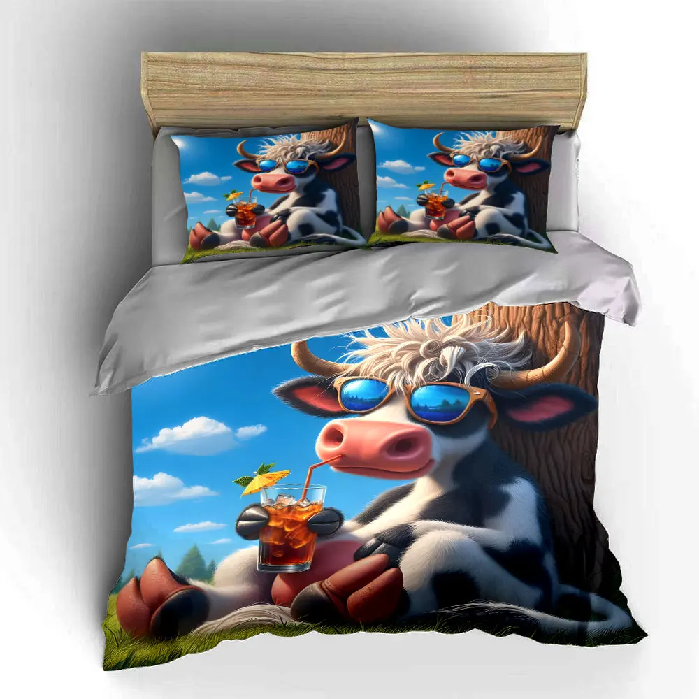 Sunglassed cow enjoying iced drink Print Bedding Set 1 Duvet Cover 2 Pillowcases for Adult and Children Luxury Gift Full Size 5