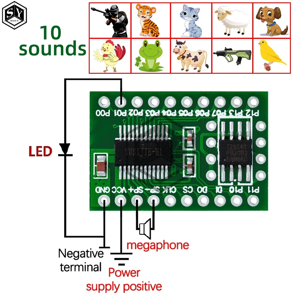 Dog cat cow bird frog tiger various animals call 10 kinds of gun sounds eating chicken explosion sound integrated IC module