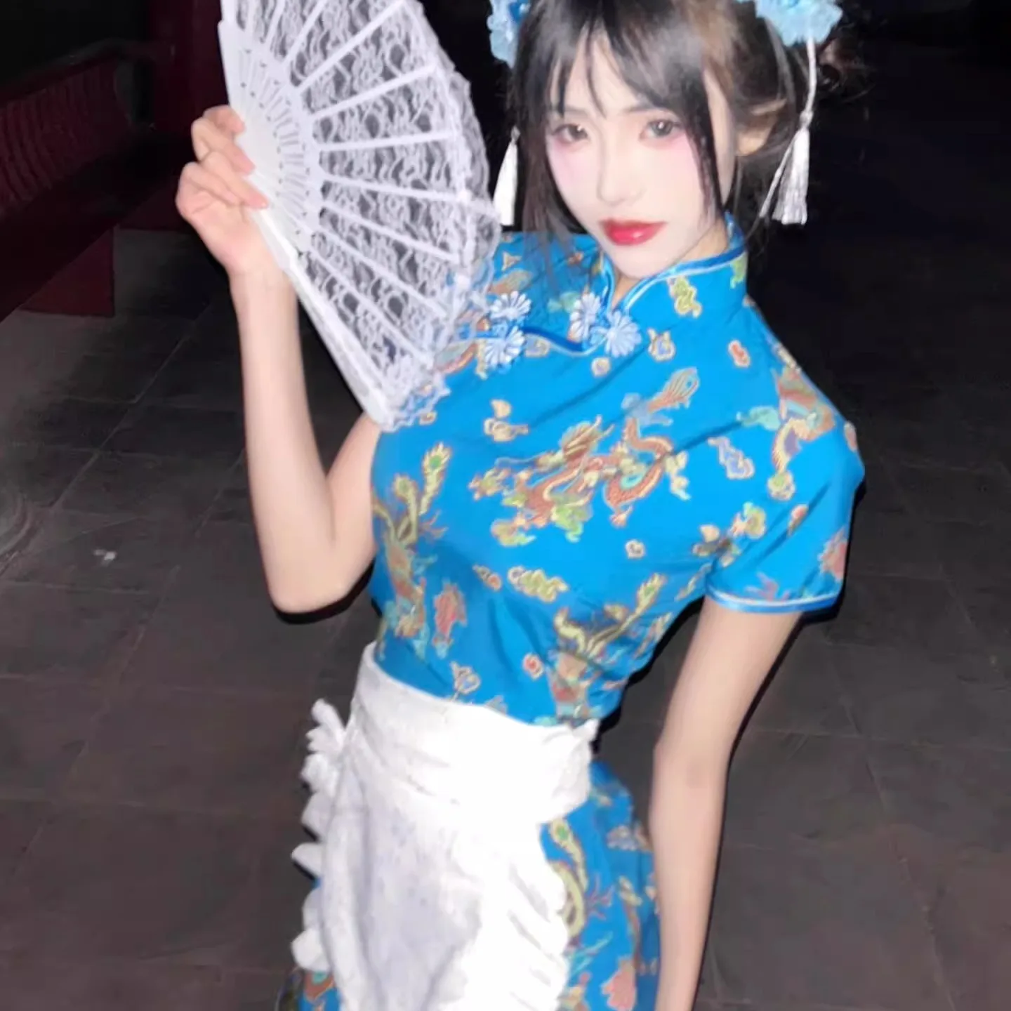 فستان تشيونغسام جديد بالطراز الصيني، زي تنكري للهالوين وعيد الميلاد، زي خادمات بأكمام قصيرة، تشيونغسام قصير للارتداء اليومي