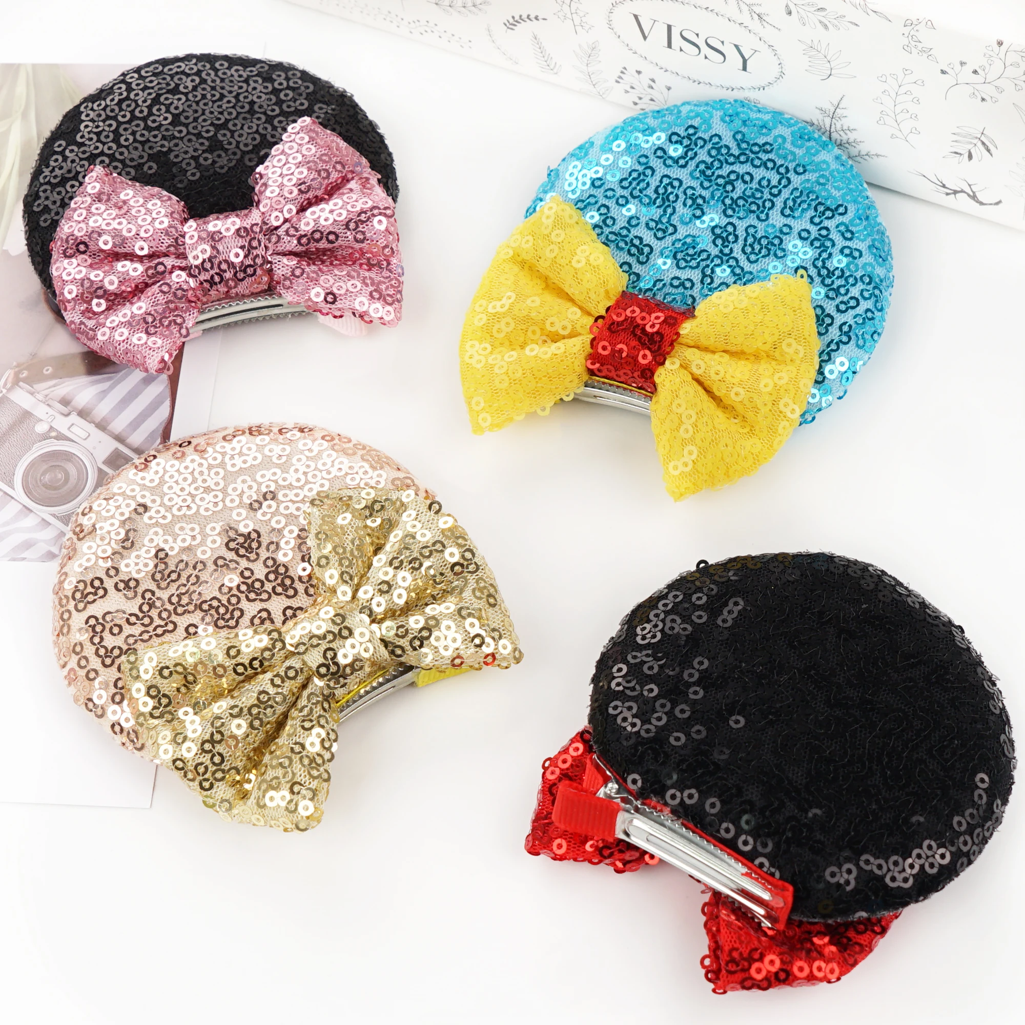 2Pcs Sequin Mouse Ears Hair Clips Glitter Hair Bows Cute Mice Ears Hair Clip Barrettes for Women Girls Hair Accessories forParty