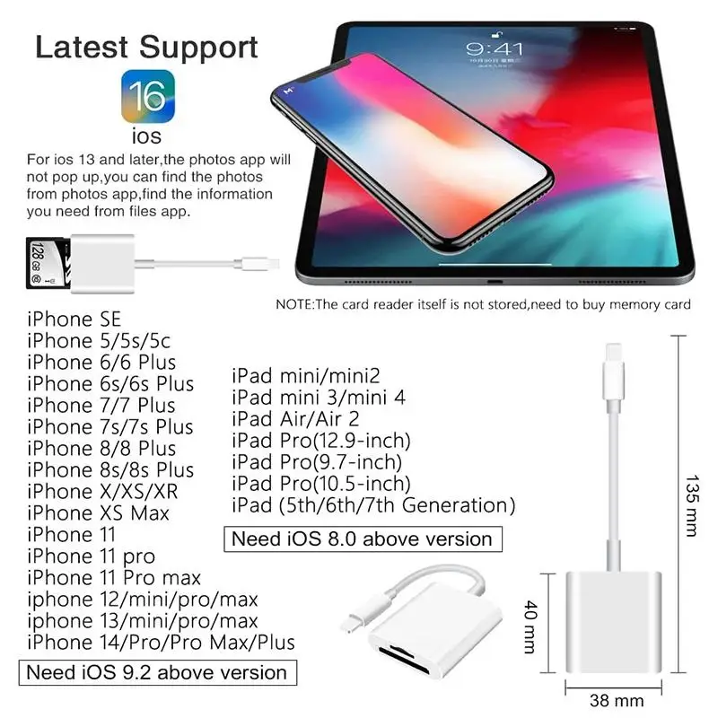 2-in-1 Lightning Flash Card Reader TF Reader 2-in1 Slot for iPhone/iPad, Suitable for Memory Card/Mini SD Card Adapter