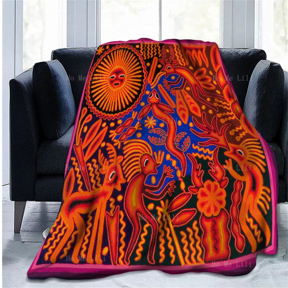 Mexican Indigenous Art Huichol Yarn Deer Tiger Panther Beaded Style Animal Ethnic Folk Soft Cozy Flannel Blanket