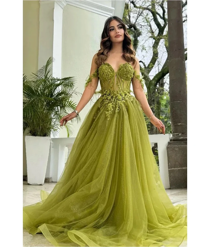 

Customized Sexy Tulle A-Line Off the Shoulder Flowers Evening Dress High Quality Sweetheart Floor Length Celebrity Gowns
