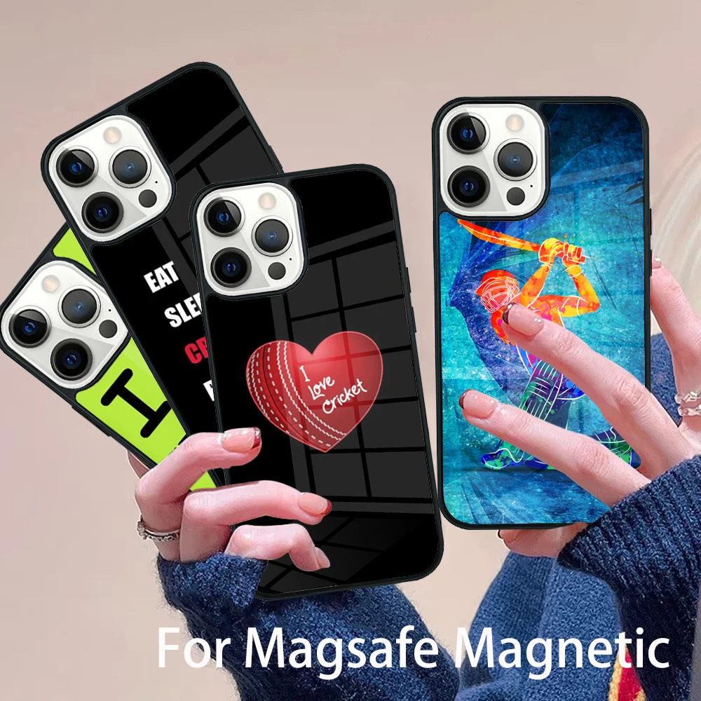

Love Cricket Heart Cricket Player Phone Case Magesafe Magnetic Wireless Charge Cover For IPhone 16 11 12 13 14 15 Pro Max Plus