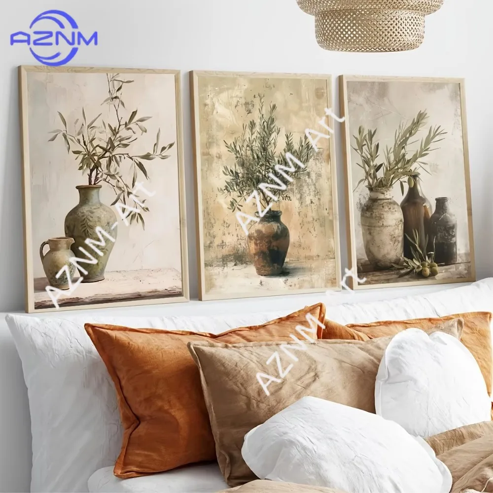 1 Stück Retro Elegantes Olivenbaum- und Zitronen-Leinwandposter Vasen-Wandkunst-Poster Perfektes Geschenk für Wohnzimmer Schlafzimmer Studentenwohnheim-Dekoration