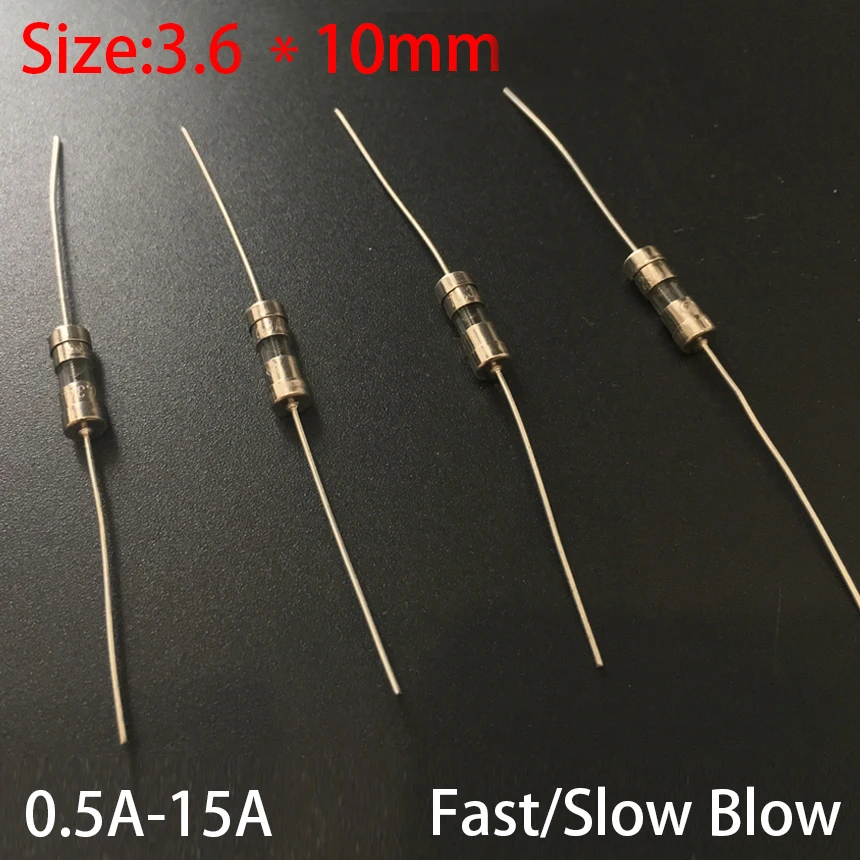 2.5A 3A 3.15A 4A 5A 250V 3.6*10mm 3.6x10mm Double Iron Cap Glass Tube Cartridge F Fast Quick T Slow Blow Lead Wire Axial Fuse