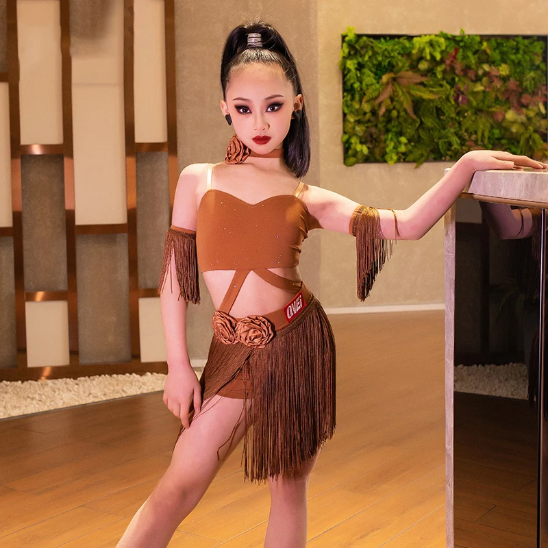 Fashion Latin Dance Competition Costume Girls Latin Dance Fringed Dress Kids Chacha Salsa Professional Dancing Clothes DW10698