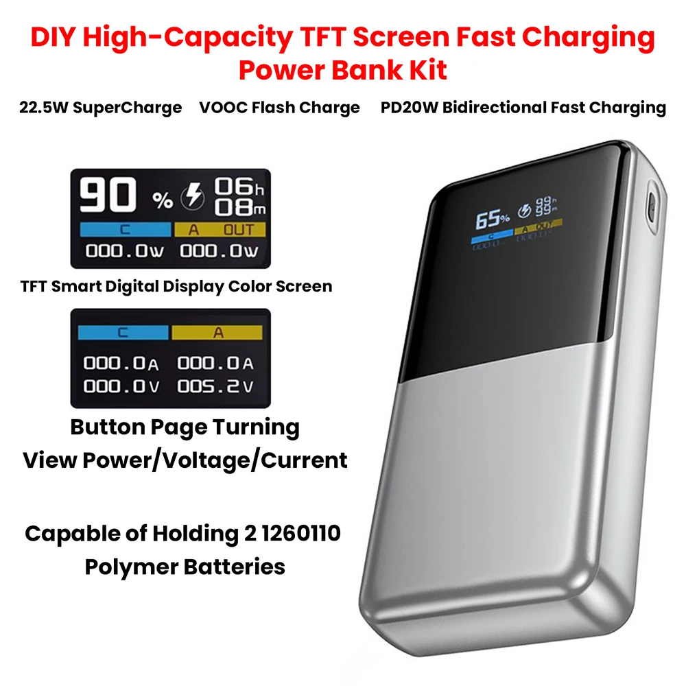22.5W Fast Charging Power Bank Case TFT Color Screen Digital Display Module 3.7V Ternary Lithium Battery Motherboard Kit