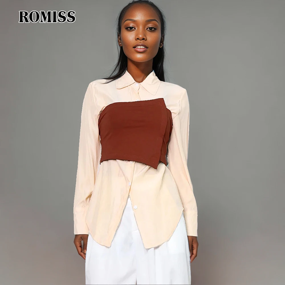 ROMISS Colorblock Minimalist Slimming Blouses For Women Lapel Long Sleeve Spliced Single Breasted Temperament Shirts Female