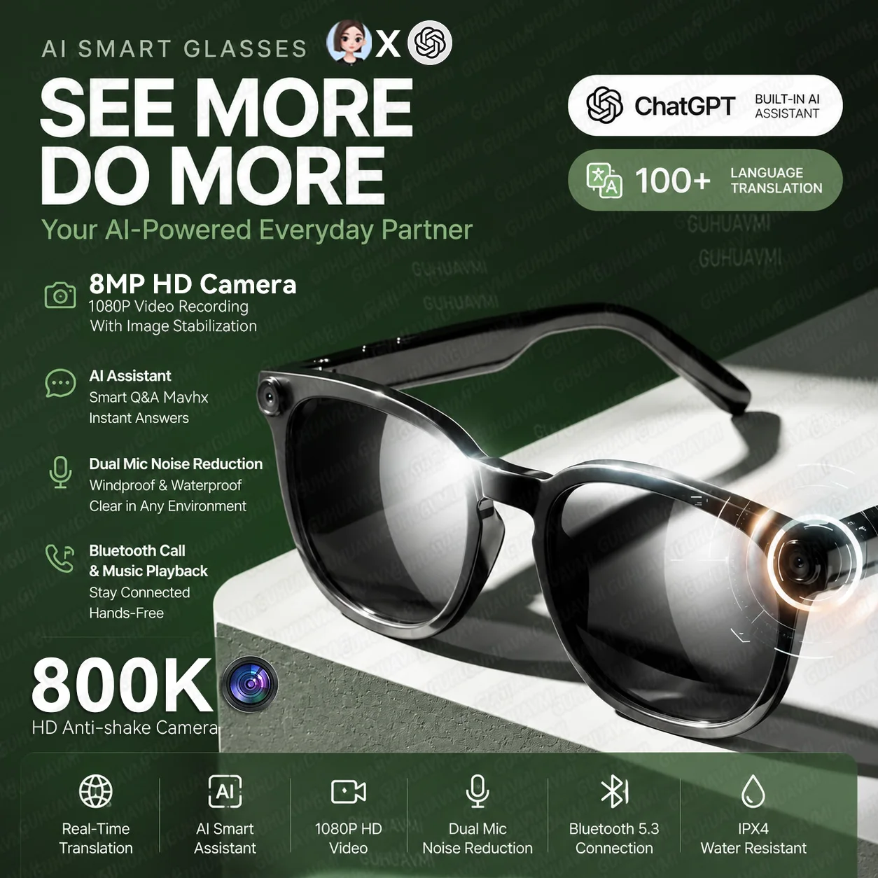 AI Smart Glasses with 8MP Camera, 4K Video Photo Capture Real-Time Translation Recording AI Assistant Replaceable Sunglasses Len