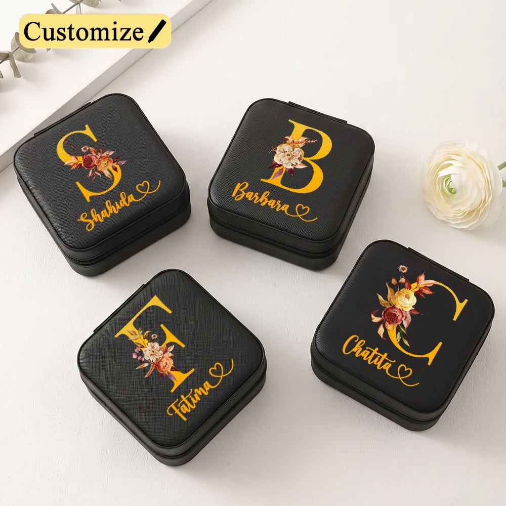 Customized Gold Initials Flower Jewelry Box,Bridesmaid/Women Gift,Portable Travel Leather Necklace Ring Jewelry Storage Box