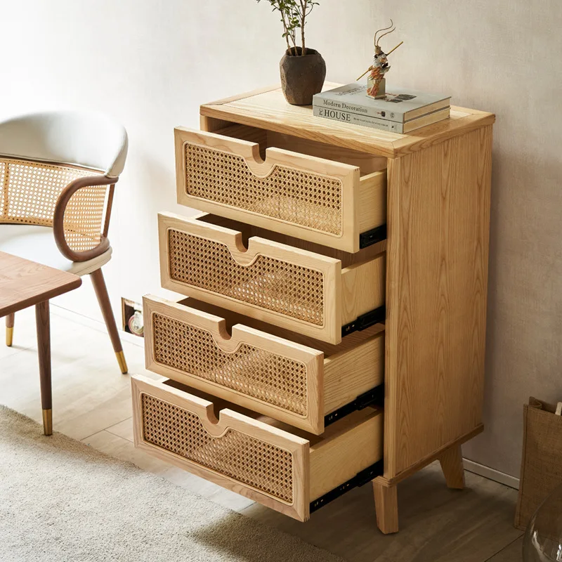 

Nordic solid wood rattan four chest cabinet simple modern living room drawer locker bed and breakfast bedroom storage cabinet