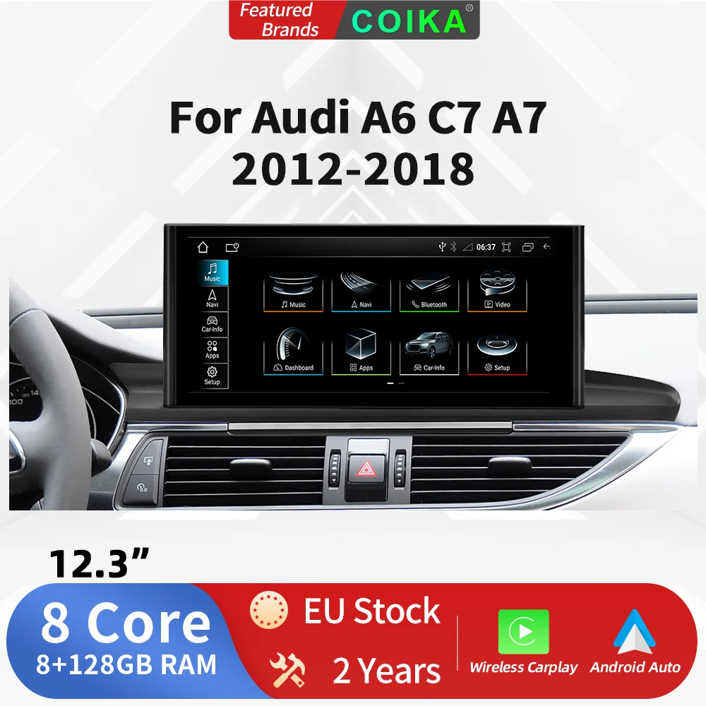 COIKA 12.3“ Car Radio Android Screen For Audi A6 C7 A7 2012-2018 Carplay Auto Stereo Multimedia Player Touch Screen GPS BT 8Core