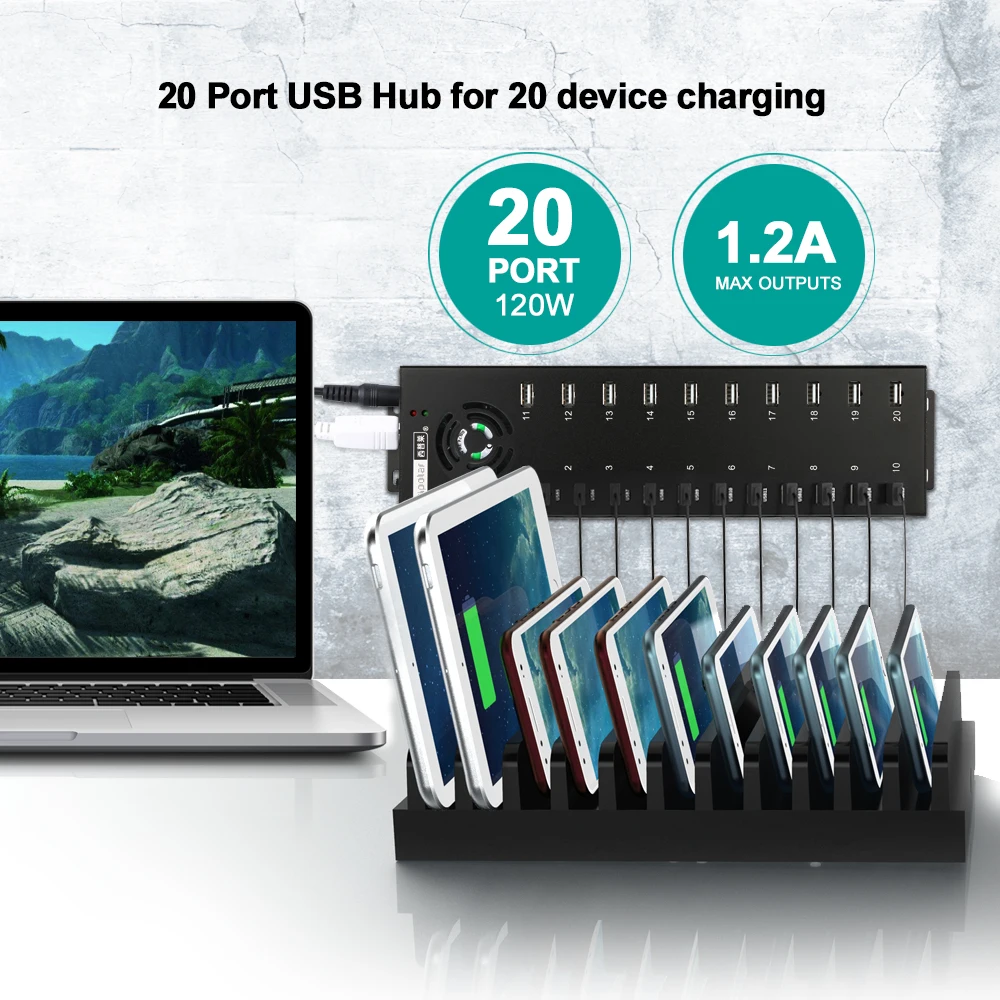 NEW Sipolar 20 Port USB 2.0 Hub 20 Charger and Syncs Port with 12V 10A Desktop Power Adapter A-805P