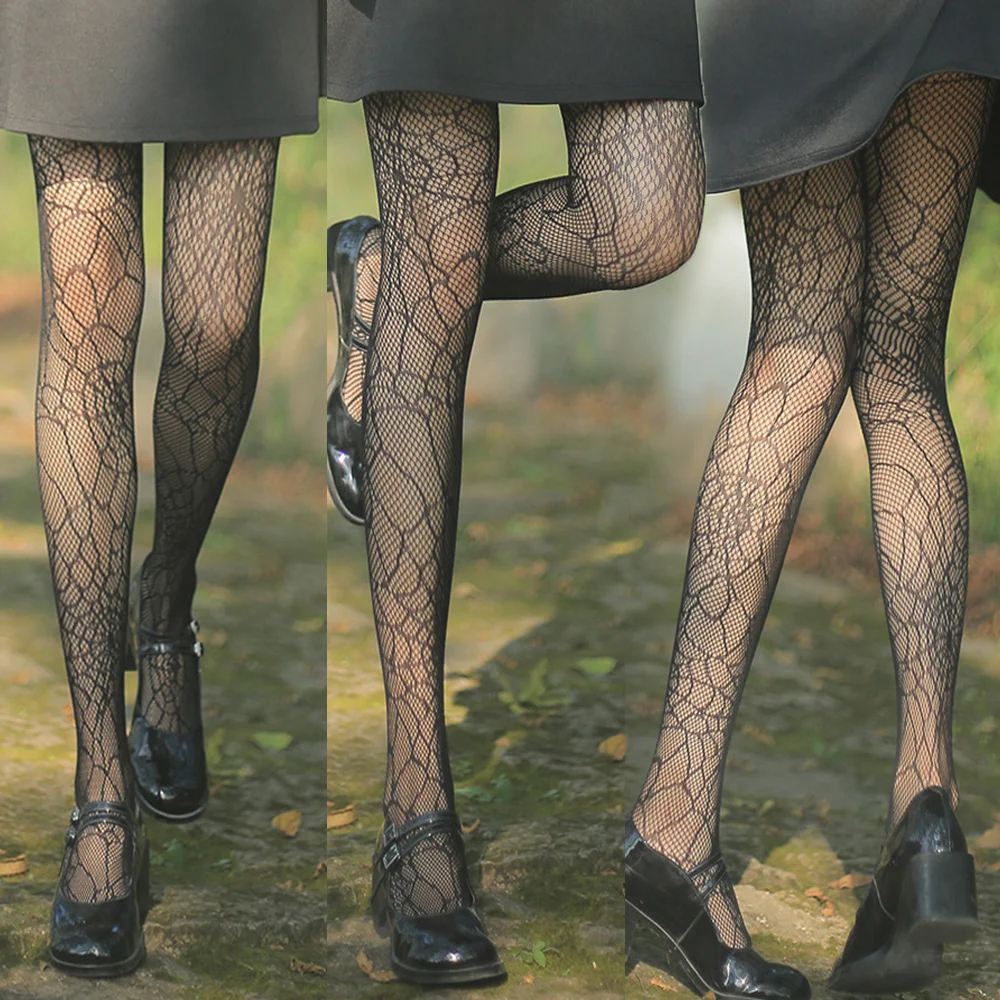 Lolita Gothic Girls Hollow Out Stockings Women Big Spider Fishnet Halloween Witch Black Tights Garter Over Knee Socks Pantyhose