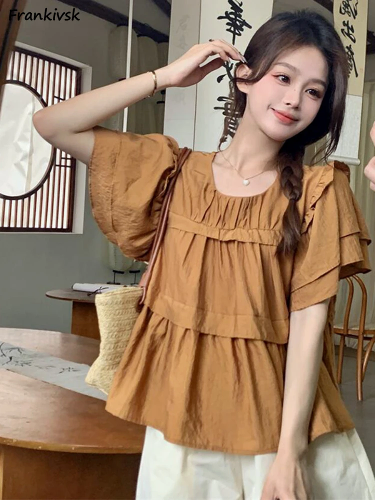 

Women Blouses Strap Short Sleeve Graceful Classical Solid Summer Fashion All-match Pullover Vintage Korean Style Loose Casual