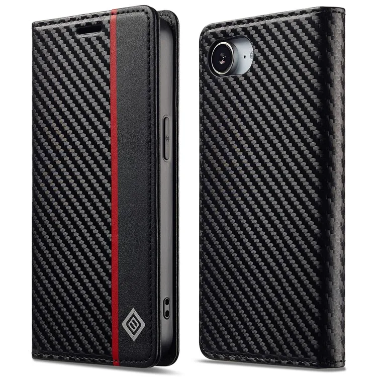 

LC.IMEEKE For iPhone 16e Case Carbon Fiber Texture Phone Cover Stand Card Holder - Vertical Stripe