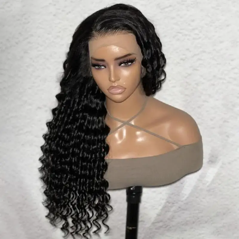 Hitam 26 "lembut ketebalan 180 alami panjang keriting keriting renda depan Wig untuk hitam wanita BabyHair tanpa lem mulus tahan panas