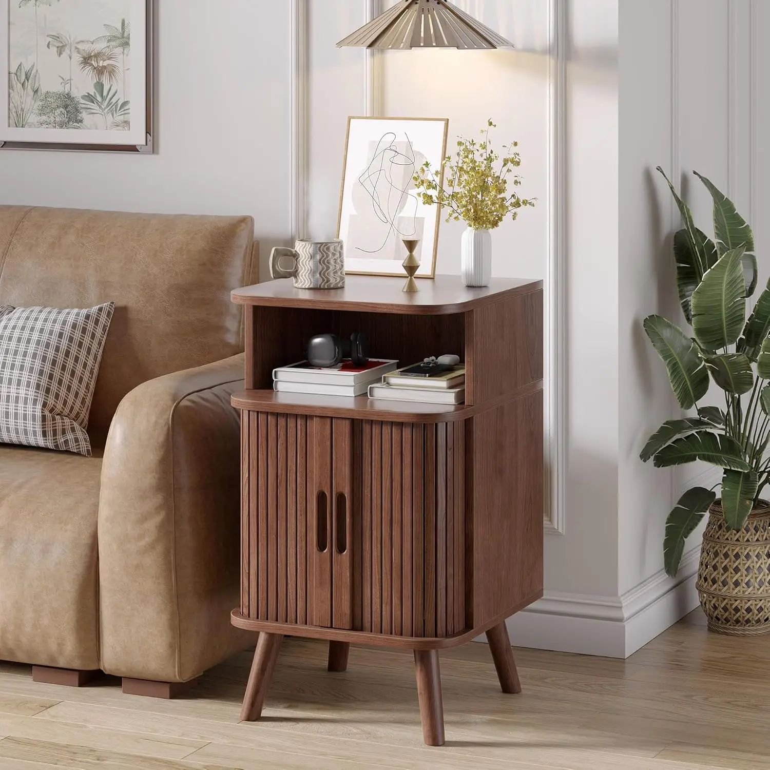 

Mid Century End Table Tambour Door Fluted Wood Nightstand Curved Storage Cabinet Bedroom Walnut, Customized