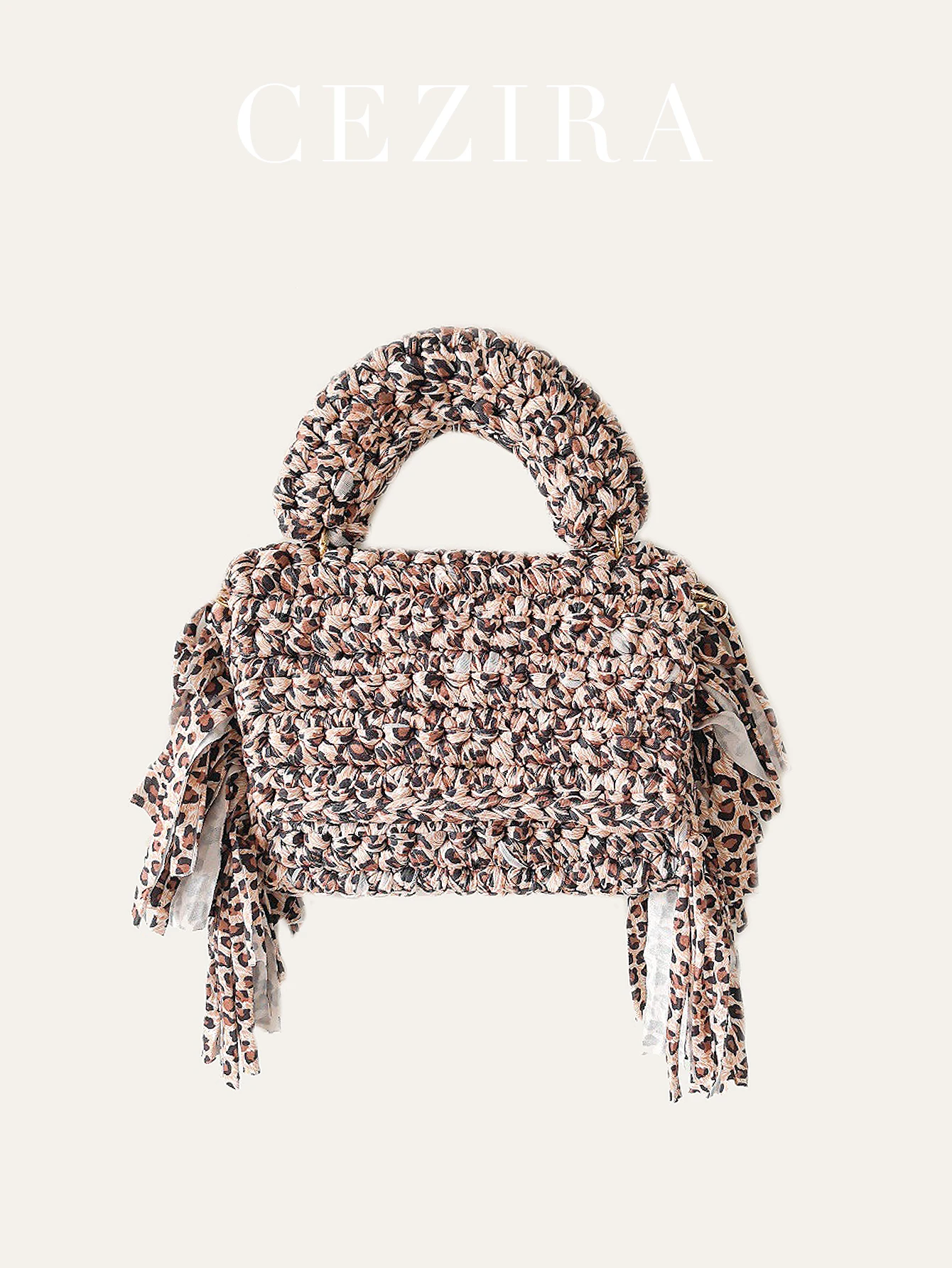 CR Handmade Woven Leopard Print Crochet Bag For Women Tassel Cloth Strip Braided Flap Cover Top Handle Handbag Street Casual Use