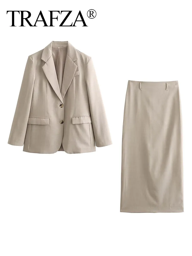 

TRAFZA Elegant Women 2 Piece Set Slit Hem Zipper Skirt+Long Sleeves Single-Breasted Pocket Decorate Versatile Straight Cut Coat