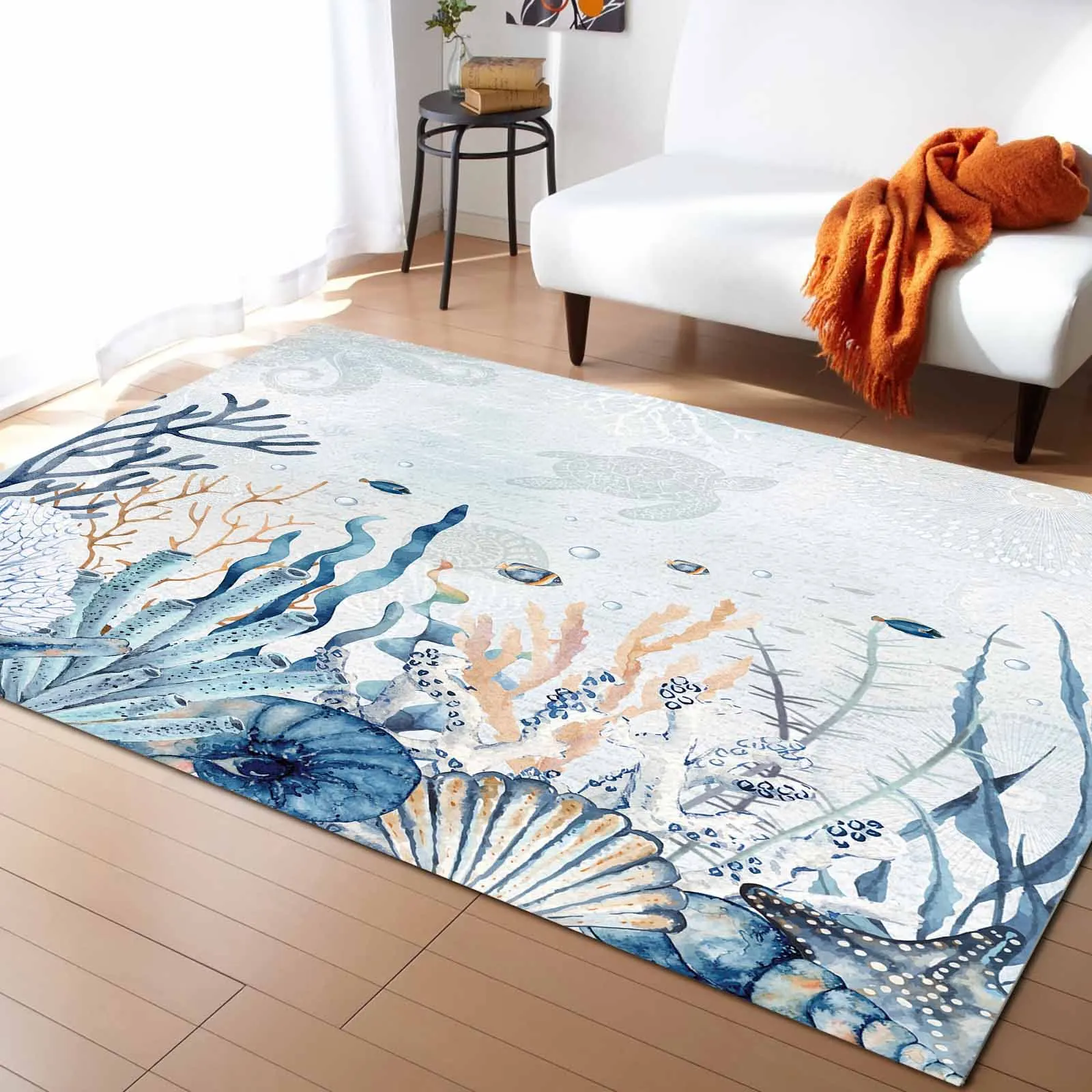 Summer Ocean Coral Shell Conch Sea Star Carpet For Home Living Room Bedroom Bedside Decor Large Area Rug Teen Room Decor Carpet