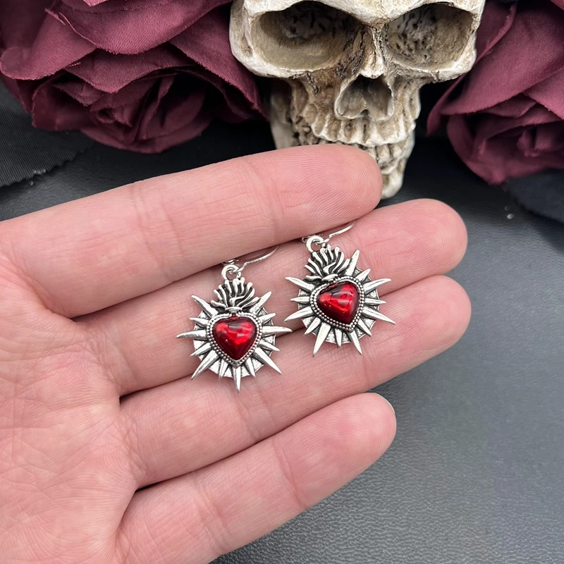 1 Pair Flaming Sacred Heart Earrings Enamel Thorns Sacred Heart Mexican Jewelry Earrings Sacred Heart of Jesus Religious Jewelry