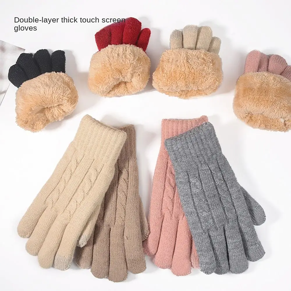 Knitted Wool Woman Winter Gloves Screen Touchable Korean Style Glove Bracers Double Layers Thickening Hand Warmer Winter Warm