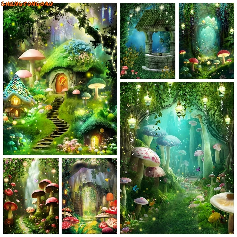 

Fairy Tale Forest Mushroom Photography Backdrop Dream Enchanted Wonderland Mushroom House Jungle Baby Birthday Decor Background