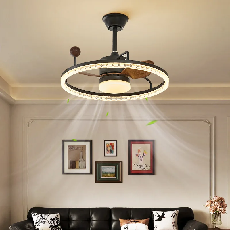 

Designer Restaurant Ceiling Fan Light with Wooden Grain Finish Vintage Style Quiet Eye-Protecting Integrated Fan Lamp for