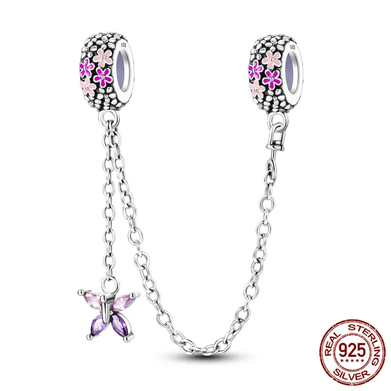 

925 Sterling Silver Flower and Butterfly Safety Chain, perfect for DIY bracelets and a great gift for women.